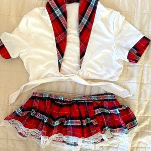 Women’s school girl costume top and bottom.